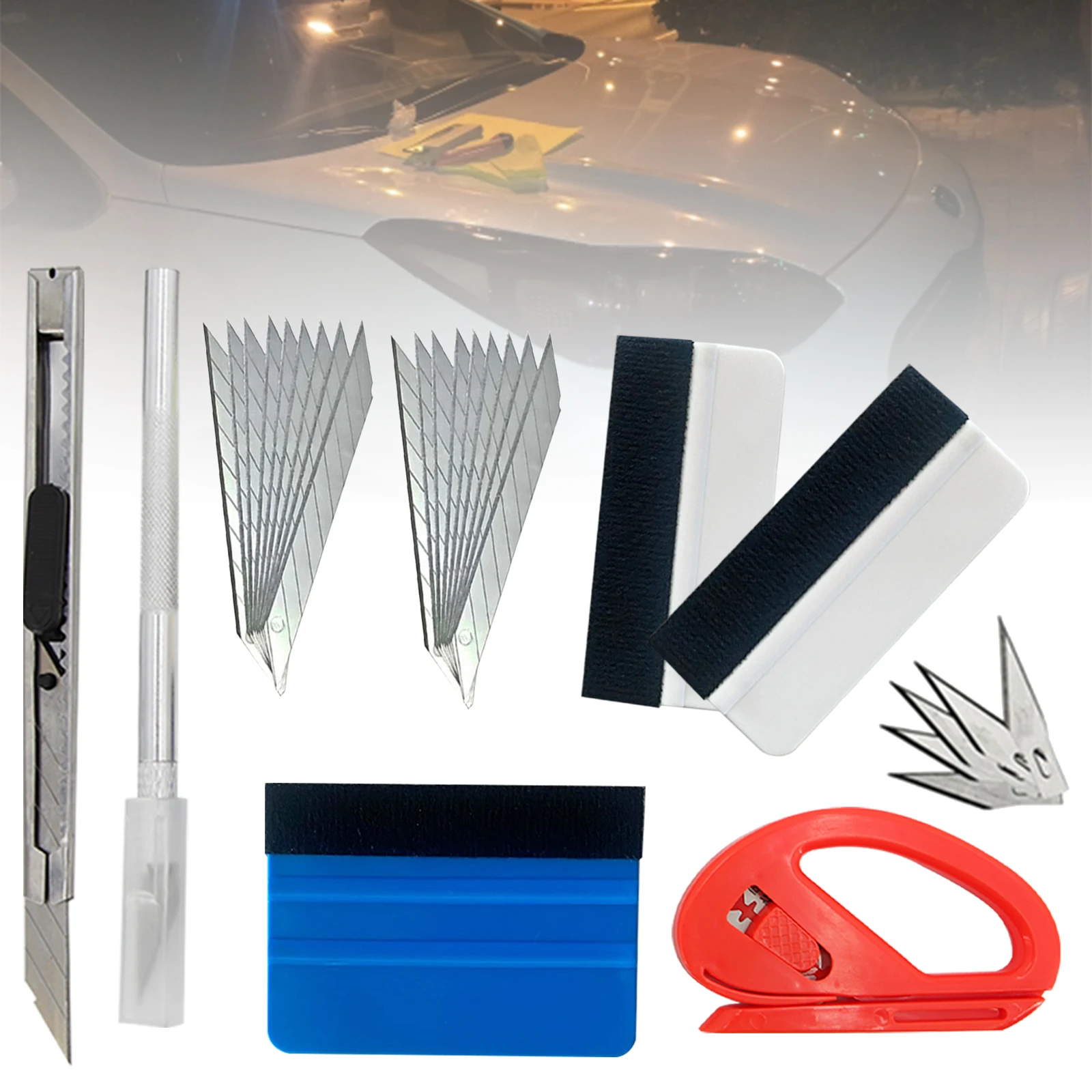7 Pcs Car Vinyl Tint Film Wrapping Felt Squeegee Cutter Installing Tool