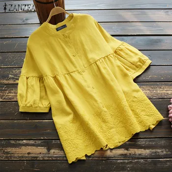 

Women Embroidery Blouse 2020 ZANZEA Elegant Summer Tops Casual Half Sleeve Shirts Female Hollow Button Blusas Oversized Tunic