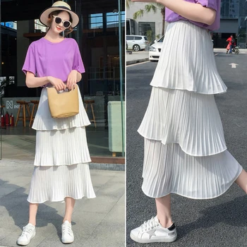

2019 Spring Summer Women Pleated Ruffles Skirts White Black A-Line Chiffon Mesh Skirt High Waist All Match Clothing Streetwear