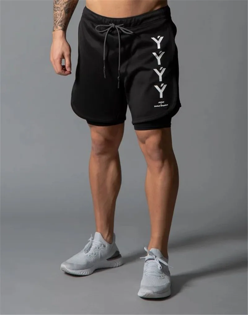 Летние мужские шорты для тренажерного зала, фитнеса, впитывающие пот, дышащие, имитация двух частей, спортивные шорты, большой размер, мужские Стрейчевые штаны для бега