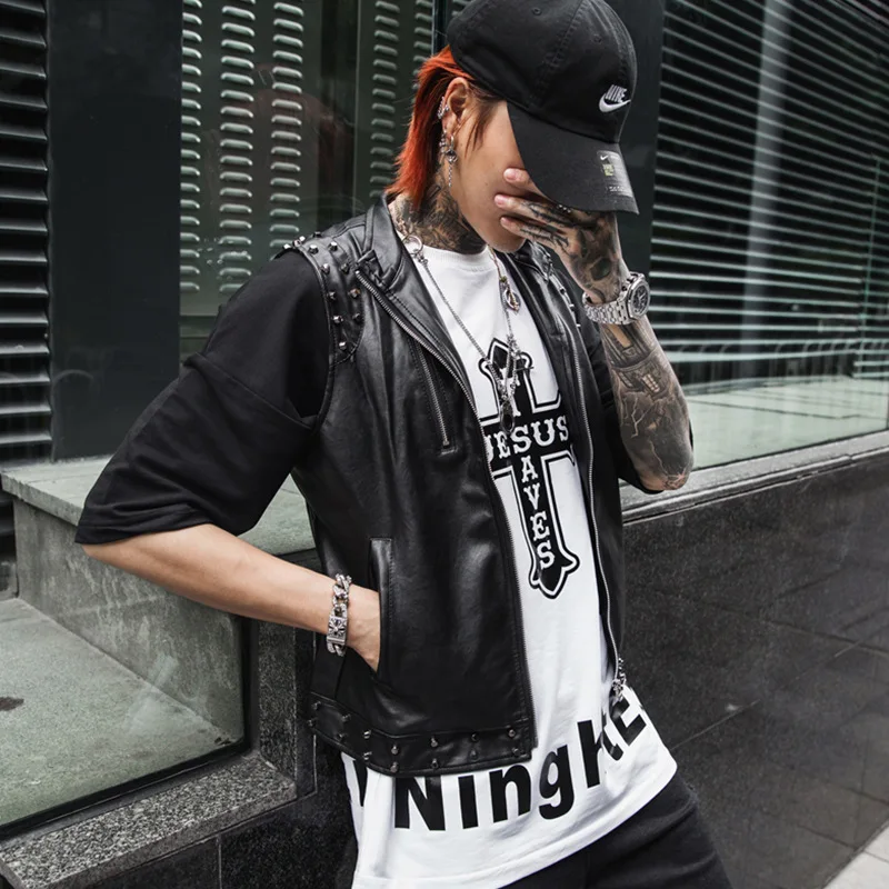 

Spring And Summer Fashion Man Waistcoat Men National Trends Slim Fit Nightclub Costume Punk Locomotive Leather Coat Mj26 P95