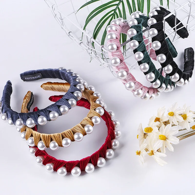 

Big Pearl Velvet Headband for Women Autumn Ruched Fabric Hairband Women Hair Accessories Winter Soft Bezel Hair Band Hair Hoop