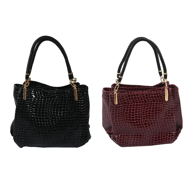 

2 Pcs Fashion Women Crocodile Pattern Leather Shoulder Bag Female Tote Handbag, Red & Black