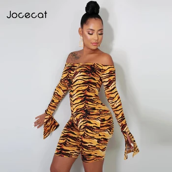 

2019 tiger print long slit sleeve slash neck sexy playsuit autumn winter women streetwear outfits stretchy body