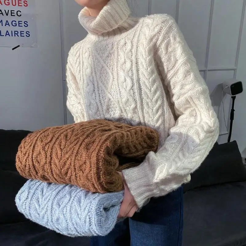 

Turtleneck Women Sweater Women Khaki Long Sleeve Pullover 2020 Autumn Winter Casual Pink Jumper Loose Sweaters Oversized CL791