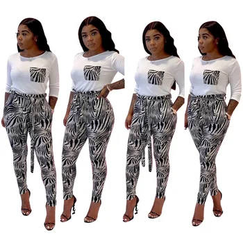 

Womens Two Piece Suit T-shirt + Pants Simple Camouflage Zebra Print Lace Up Pants Fashion Casual Stitching