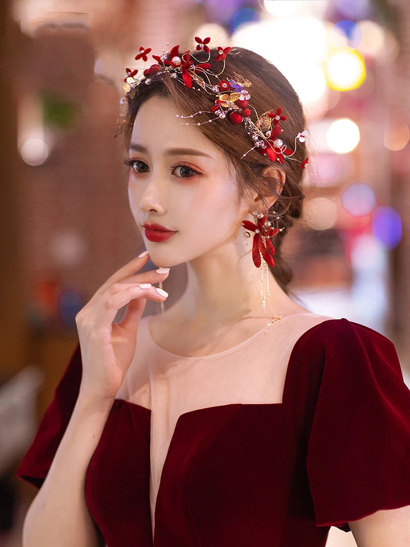 NiuShuya Handmade Bridal Red Flower Pearl Headband Romaantic Hairband Women Crown Tiara Wedding Hair Accessories