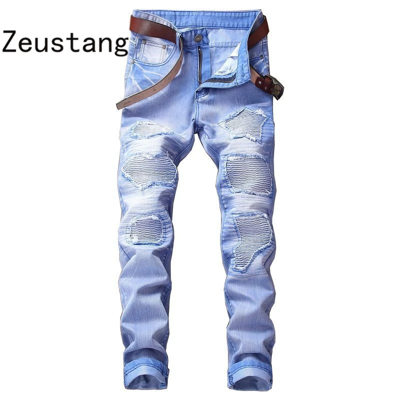 No Belt) Spring Punk Style Men's Jeans Fashion Casual New Straight High Elasticity 28-42 Washed Ripped Hole Trousers JS03