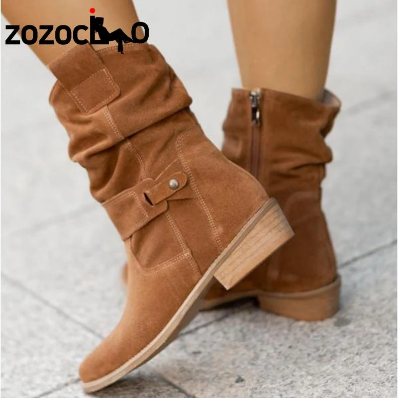 Botas cálidas Vintage para mujer, zapatos de ante con bota de media caña con tacón grueso y cremallera, botines para exteriores, invierno, 2021|Botas a media pantorrilla| - AliExpress