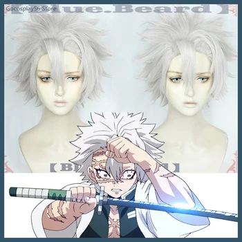 

Anime Kimetsu no Yaiba Shinazugawa Sanemi Cosplay Hair wear Blade of Demon Slayer Halloween Anime Short Silvery Grey Hair