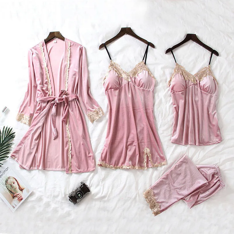 JULY'S SONG 4 Pieces Velvet Warm Pajamas Set Women Sexy Lace Sleepwear Pajamas Suit Winter Sling Nightdress Woman Nightwear