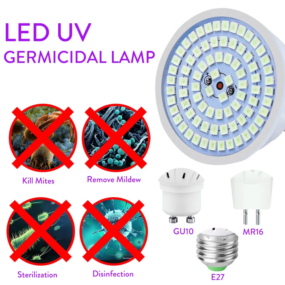 Sterilizer Lamp E27 MR16 GU10 Germicidal Light UVC UV LED Bulb 72LEDs 5W 110V 220V Ultraviolet Tube Kill Dust Mite Lights | Освещение