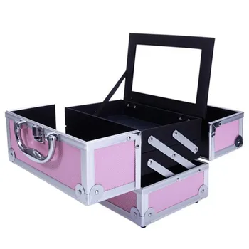 

SM-2176 Aluminum Makeup Train Case Jewelry Box Cosmetic Organizer with Mirror 9"x6"x6" Pink organizer for make up