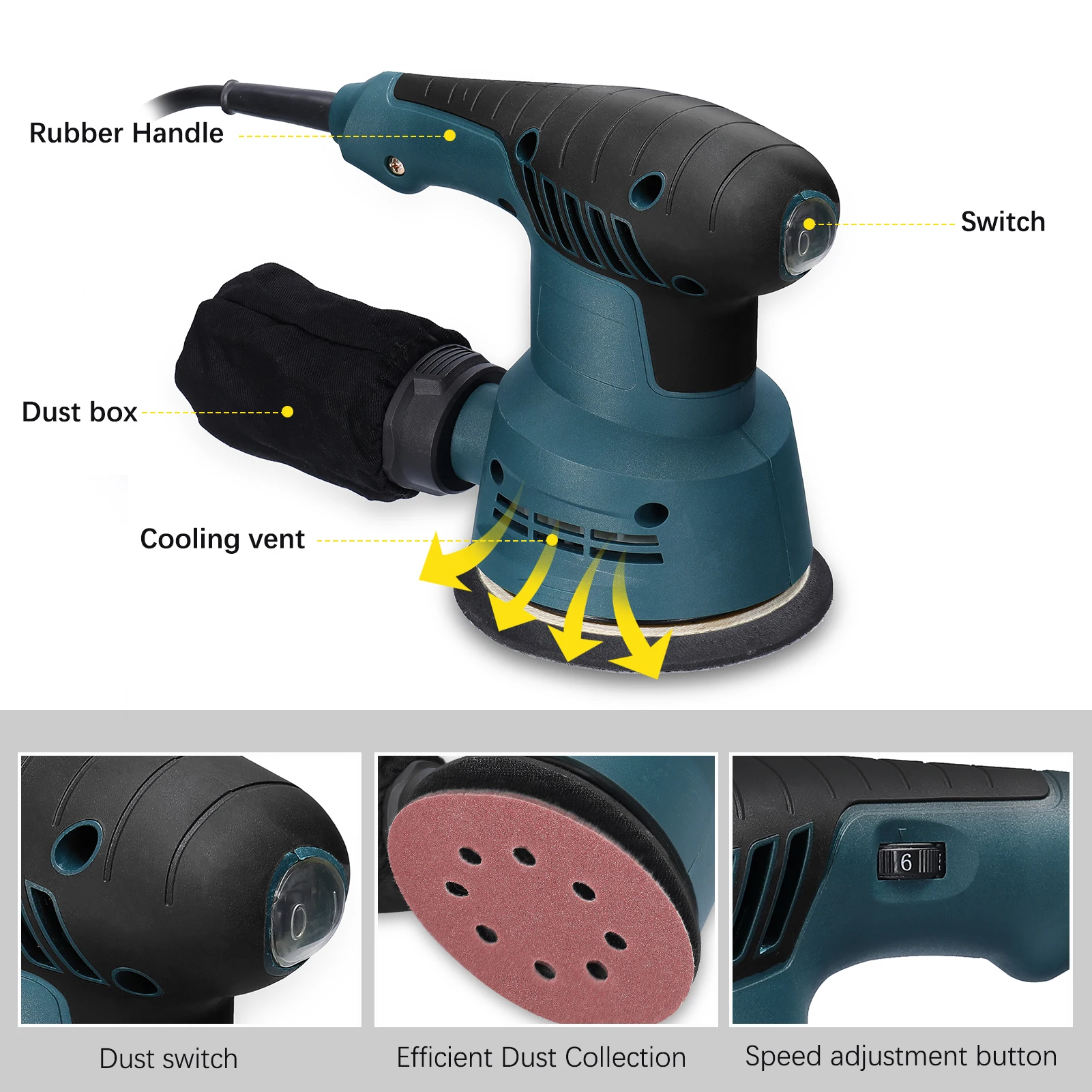 300W Electric Eccentric Sander electric grinder electric sander cordless sander 125mm Sanding Plate Electric Sander Wood Processing Furniture Car Polishing Machine Power Tools