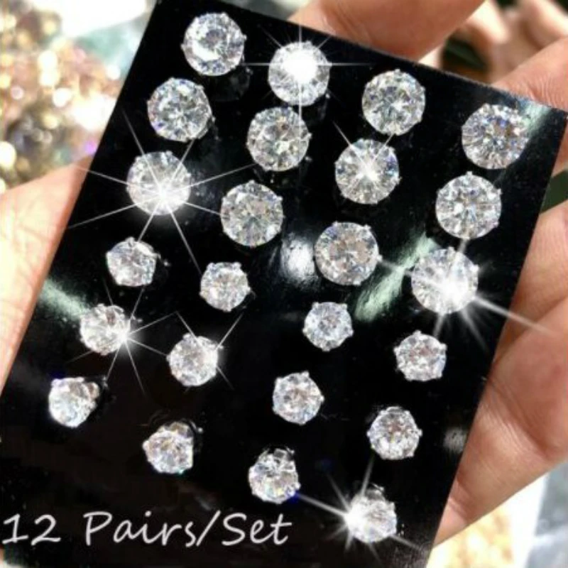 

12pair/card Rhinestone Stud Earrings Women Classic Earring Small Big Trendy Fashion Jewelry Stainless Steel Christmas Gifts