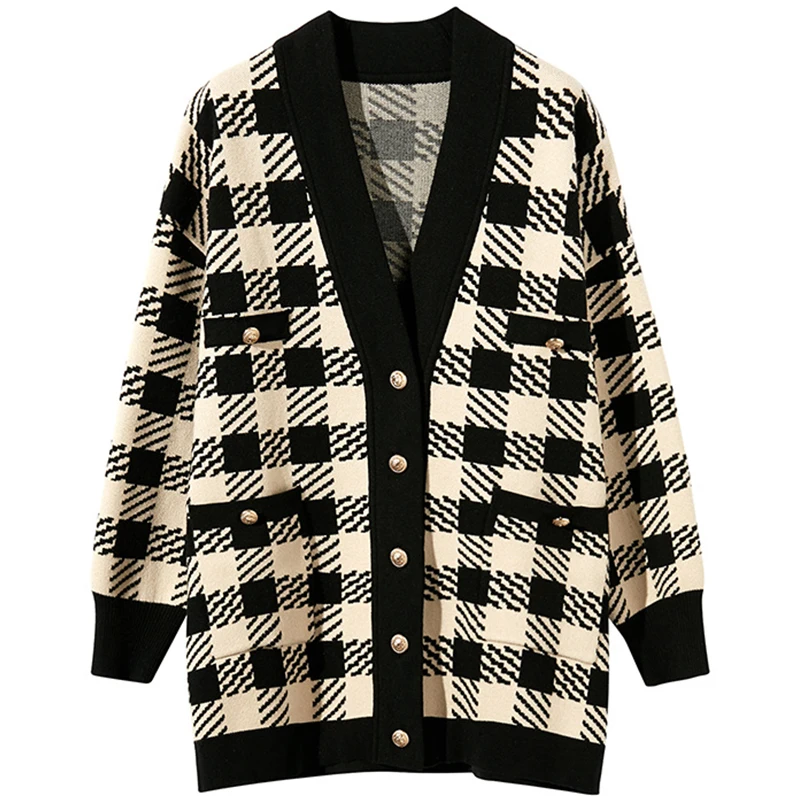 

2019 Autumn Winter Thick Loose Long Cardigan Vintage V Neck White Black Plaid Cardigan Women Warm Knitted Sweater Coat P-065