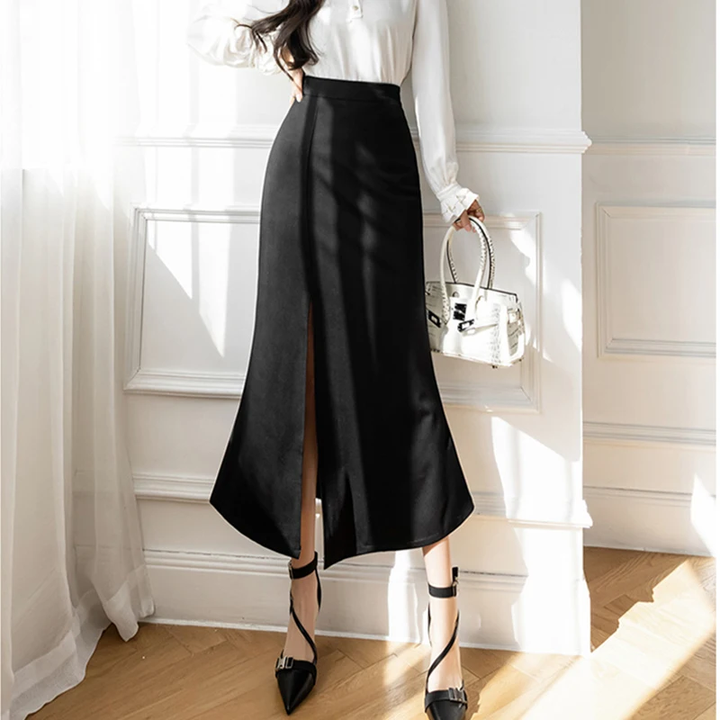 Limiguyue Split High Waist Maxi Long Skirt Women Black Stretch
