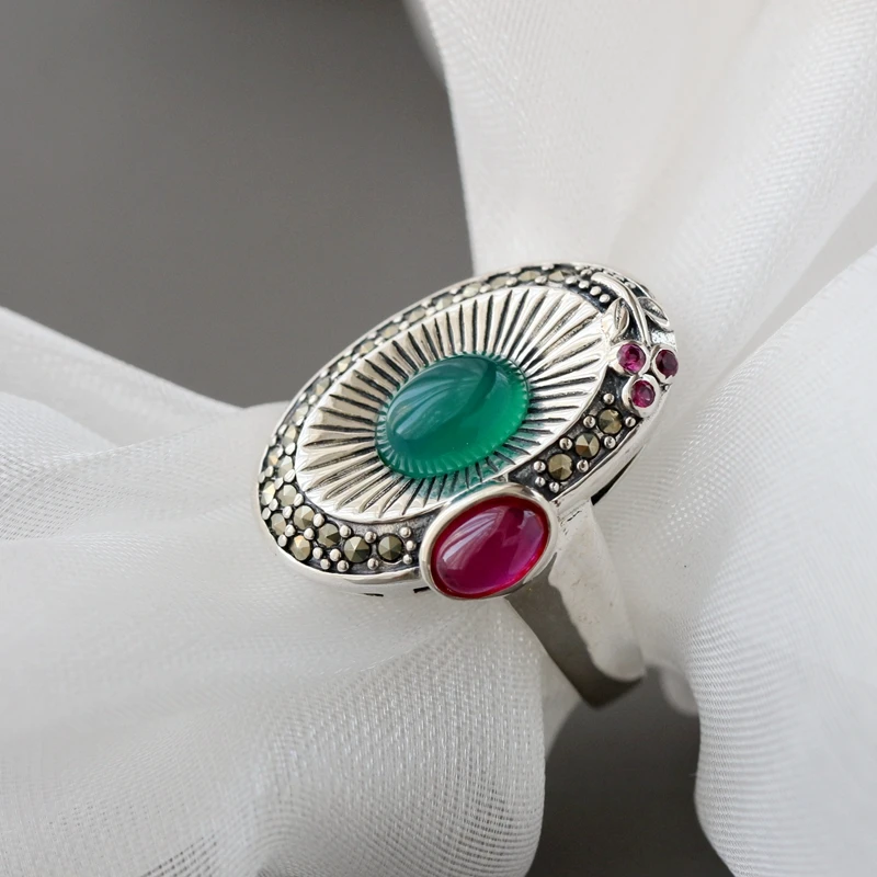 

Authentic 925 Sterling Silver Lady Retro Style Charm Ring Inlaid Natural Green Agate Rings Fashion Tide Flow High Quality Jewell