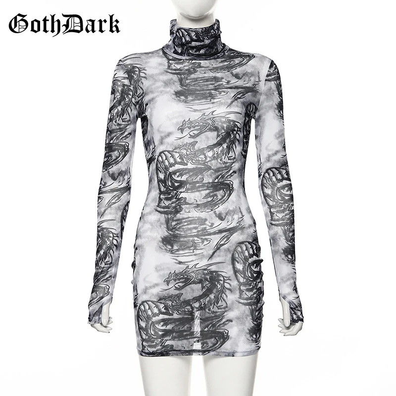 Goth Dark Dragon Print Gothic Punk Female Dresses Harajuku Longsleeve Autumn Grunge Mesh Women's Dress Aesthetic Fashion