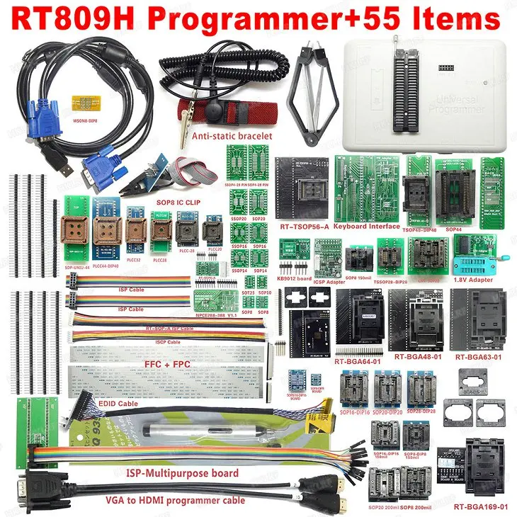 RT809H emmc-nand FLASH универсальный программатор TSOP56 TSOP48 кабель EDID ISP Header01 VGA HDMI BGA63 BGA64 BGA169 - Цвет: RT809H 55 Items