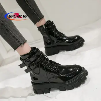 2021 Women's Boots Thick Bottom British Wind Short Boots Laced Motorcycle Boots Patent Leather Martin Boots Plus Velvet 1