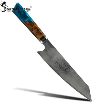 

SOWOLL Damascus Steel Knife 8-Inch Chef's Knife, Multi-Function Cooking Knife with Moire, Blue Tree Tumor Resin Octagonal Handle