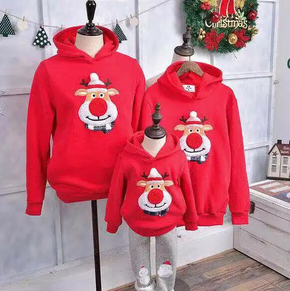 

Christmas Family Matching Clothes Daddy Mum Kids Boy Girld Hoodies Cartoon Deer Print Hooded Sweatshirts Tops Clothes
