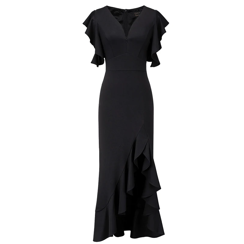 Женское вечернее платье Vfemage, ассиметричное обтягивающее платье с высоким разрезом и застежкой-молнией спереди, с глубоким вырезом и рюшами, в праздничном стиле, 2062