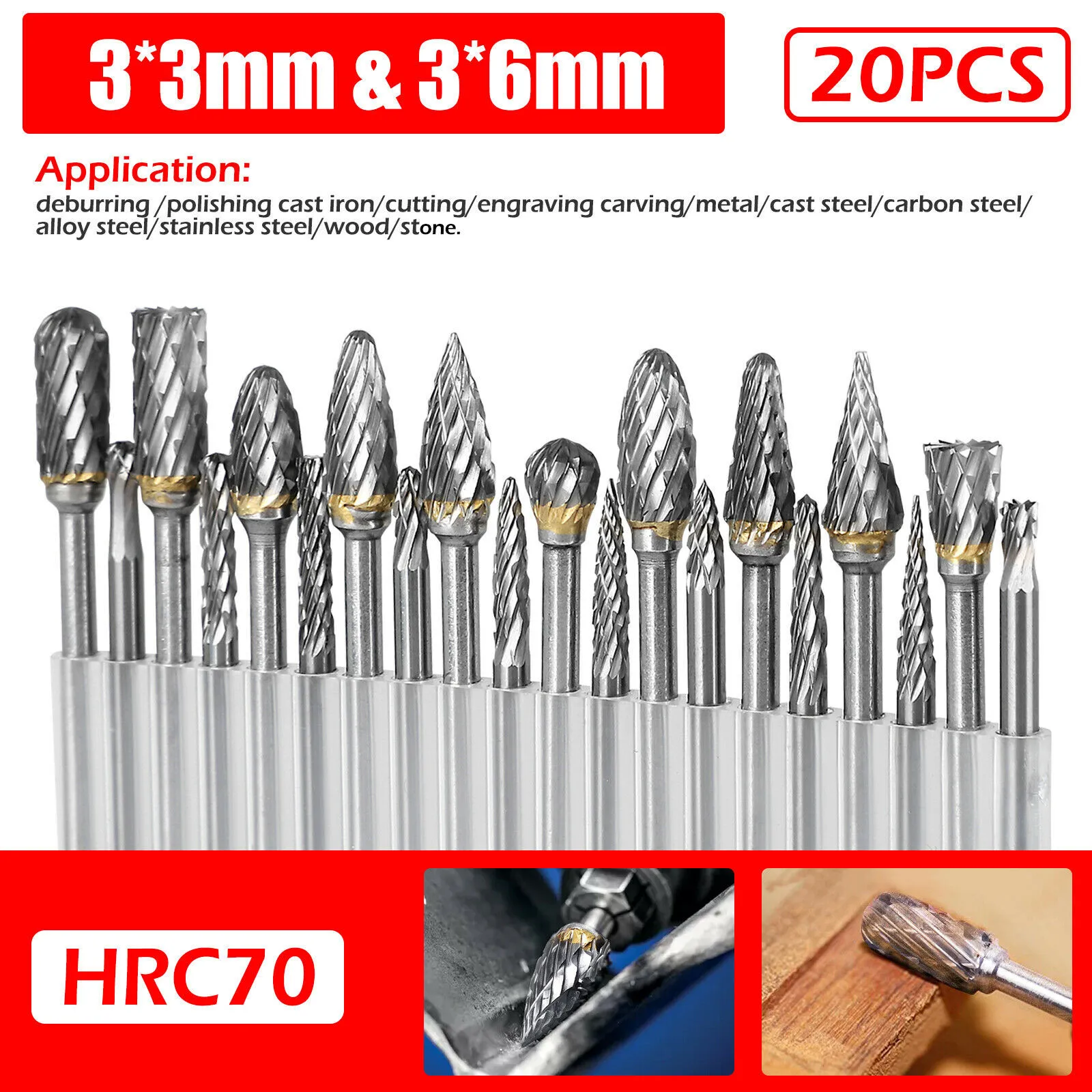 

20pcs Tungsten Steel Carbide Burr Grinder Head Die Grinder Rotary Drill Bits Metal Wood Rotary Cutting Bit Kit Woodworking Drill