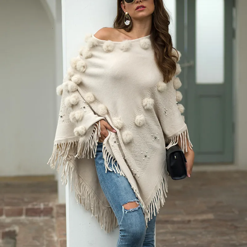 

Pullover Shawl Cloak Sweater Women Nail Pearl Tassels Irregularity O Neck Autumn Winter Temperament Knitted Off Shoulder Shirt