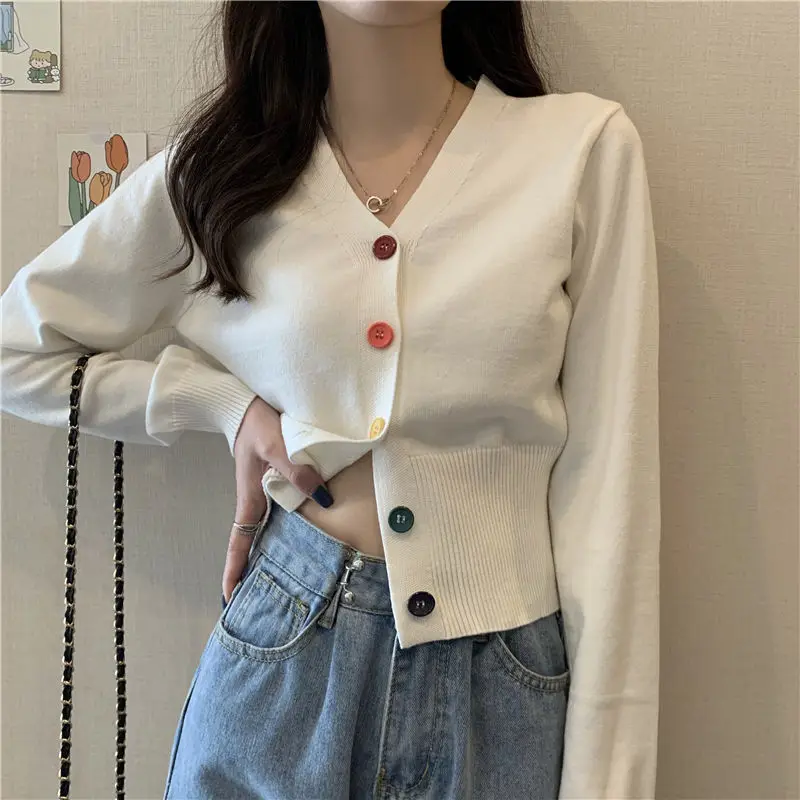 

2021Women New Soild V-Neck Blouse Long-Sleeved Spring Autumn Thin Slim Top Black Yellow White XL Cardigan Coat Sweater Knitwear