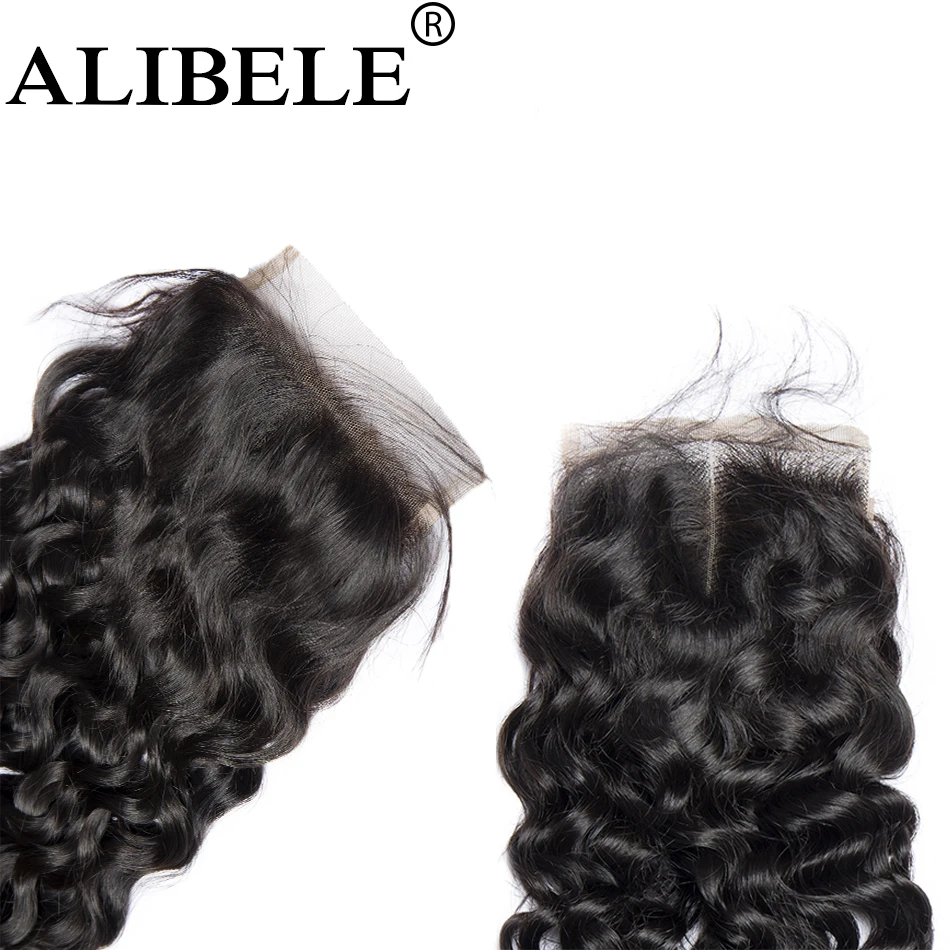 AliBele перуанские вьющиеся волосы Кружева Закрытие 4x4 часть натуральный Цвет Remy человеческие волосы 130% плотность швейцарский шнурок