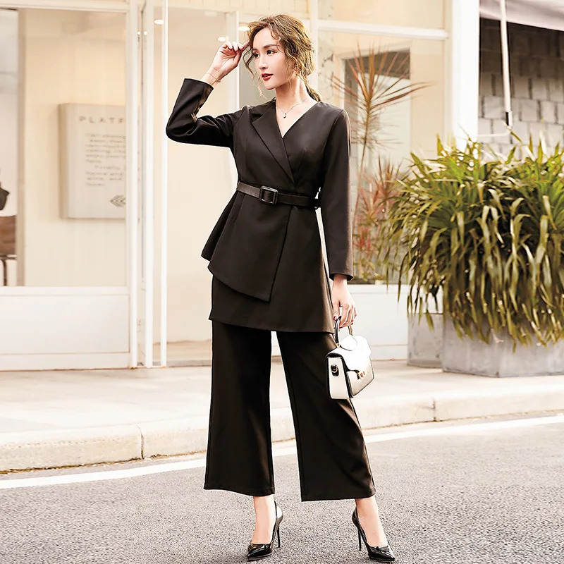 Ellacey Autumn New Women's Suit Slim Irregular Long Blazer Women's Pantsuit Elegant Office Lady Blazer Set