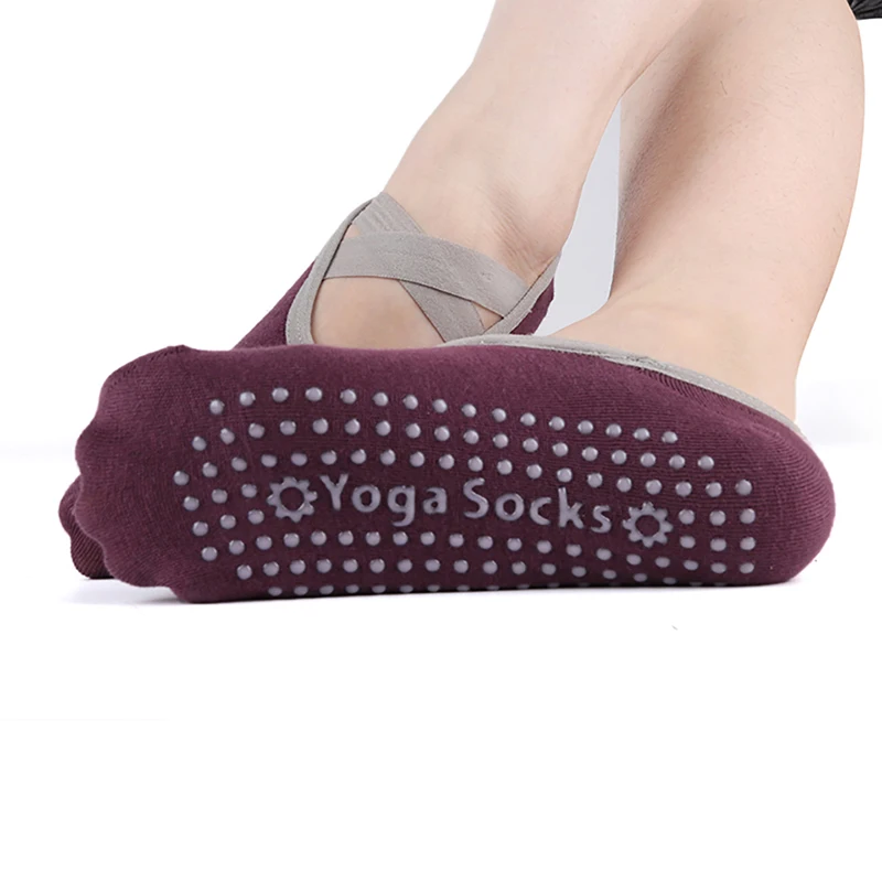 Женские носки для йоги с кнопкой, хлопковые нескользящие липкие носки для тренировок, пилатеса, женские носки для танцев, фитнеса, балета - Цвет: Фиолетовый