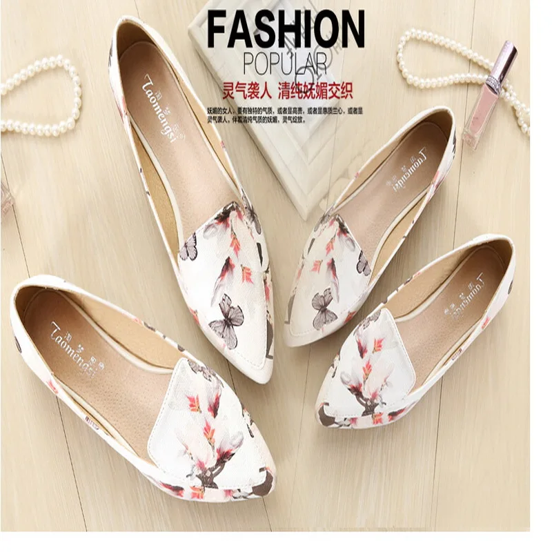 Fashion printing pointed toe loafers women flat heel shoes casual shoe woman Plus size 33-43