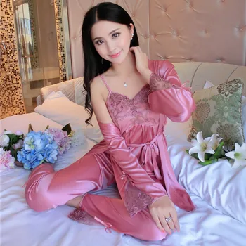 

Summer Viscose Pajamas Women's Three-piece Set Sexy Camisole Imitated Silk Fabric Nightgown Summer Lace Silk Home Wear