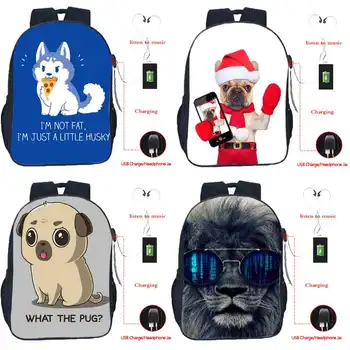 

Cute Animal Pug Backpack Boys Girls Bookbag Kids USB Charge Rucksack Bulldog Students School Bag Teens USB Travel Bag Gift