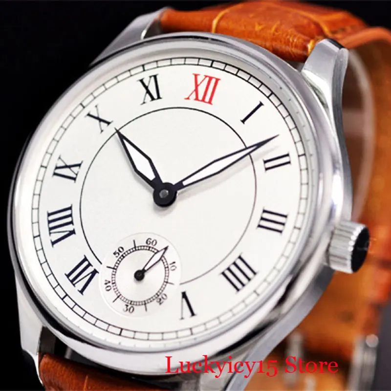 PARNIS Модный классический 6498 ручной обмотки Мужские наручные часы Move Мужские t 44 мм серебро оправа белый циферблат коричневый кожаный ремешок