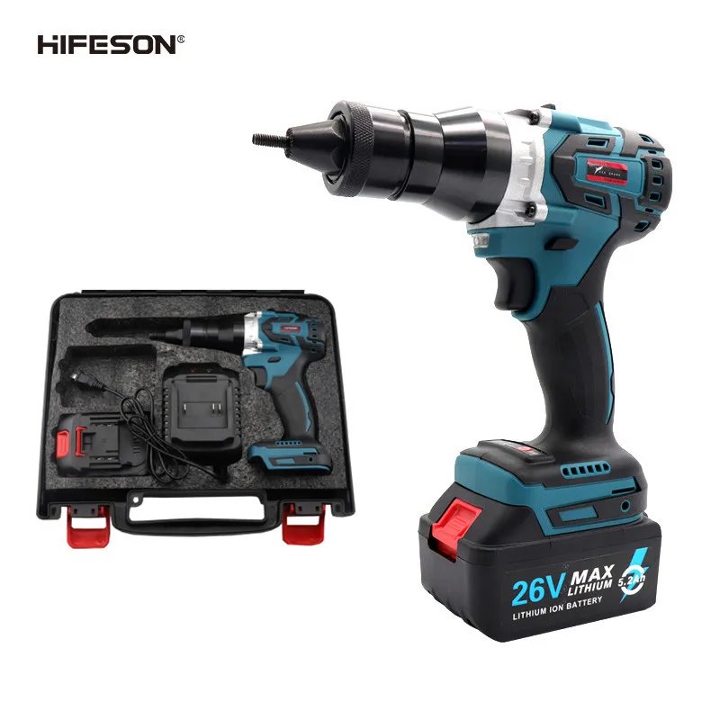 HIFESON Powerful Brushless Electric Ramm Gun 26V Rechargeable Automatic Rivet Nut Gun Rivet Tool M3-12 5.2Ah Lithium Battery