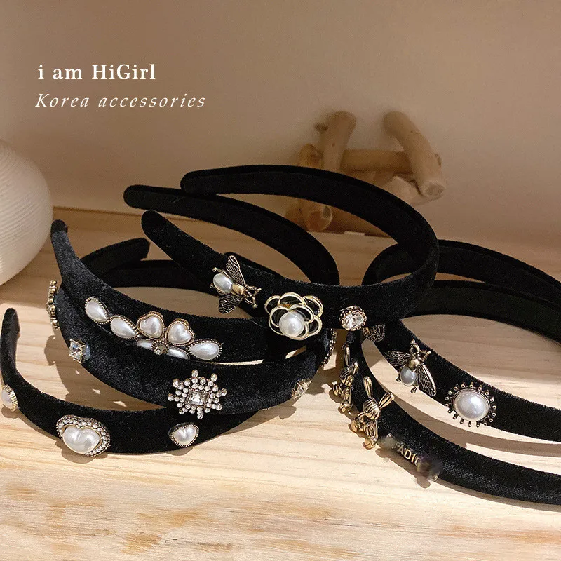 

Black Baroque Pearl Handmade Headbands For Women Retro Embroidery Velvet Gem Flower Vintage Hair Accessories Wide Side Hairband