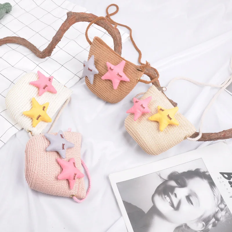 

2019 Handmade straw bag children's single shoulder bag cute children's cartoon coin purse cute princess handbag, beach bag