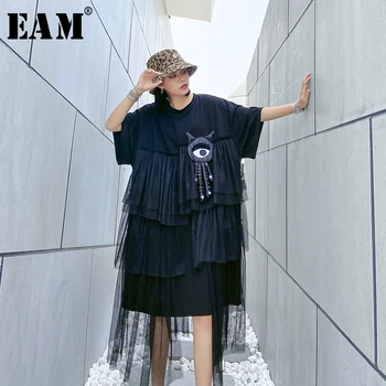 

[EAM] Women Black Pattern Asymmetrical Mesh Big Size Dress New Round Neck Half Sleeve Loose Fit Fashion Spring Summer 2020 1U081