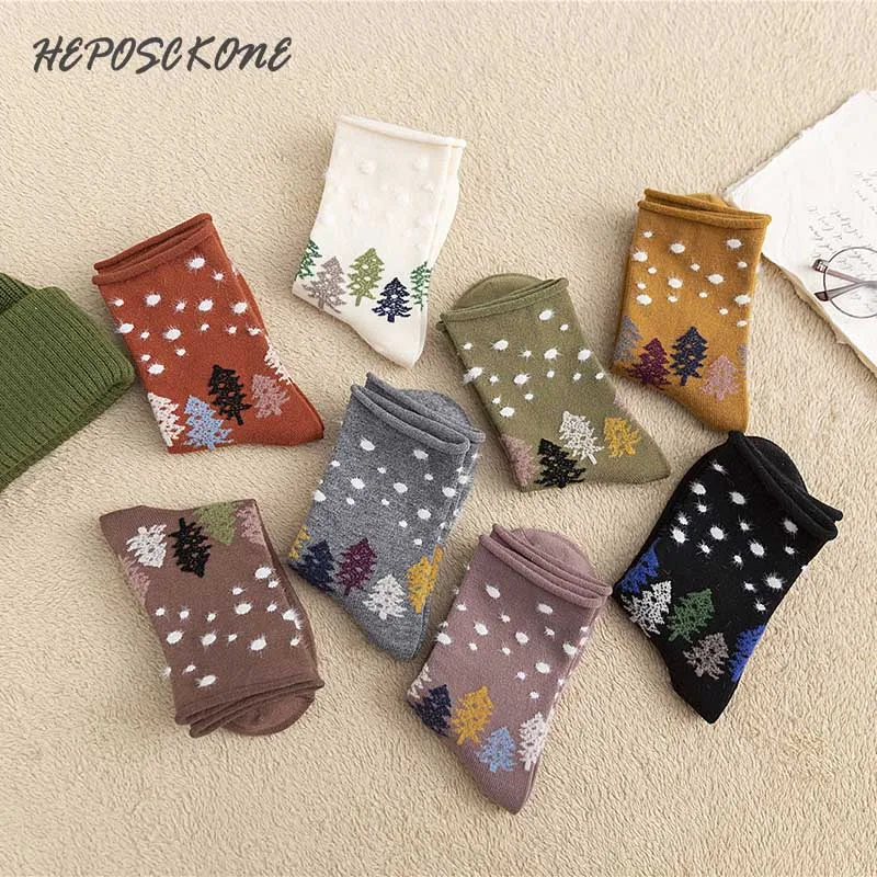 HEPOSCKONE продукт осень зима мультфильм Рождественская елка женские носки индивидуальные хлопок край перо Творческий Sokken Harajuku