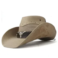 Кожа для мужчин и женщин сетка западная ковбойская шляпа широкая шляпа Открытый Sombrero Hombre Женская Ковбойская шляпа ремень коровьей кожи