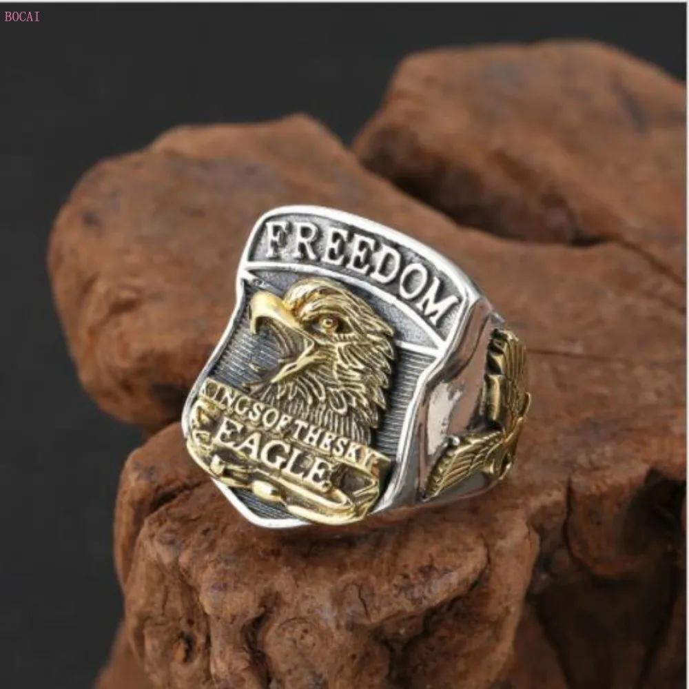 

S925 sterling silver jewelry Retro personality Domineering Punk Letter Wide Edition Eagle thai silver Open Men's Ring
