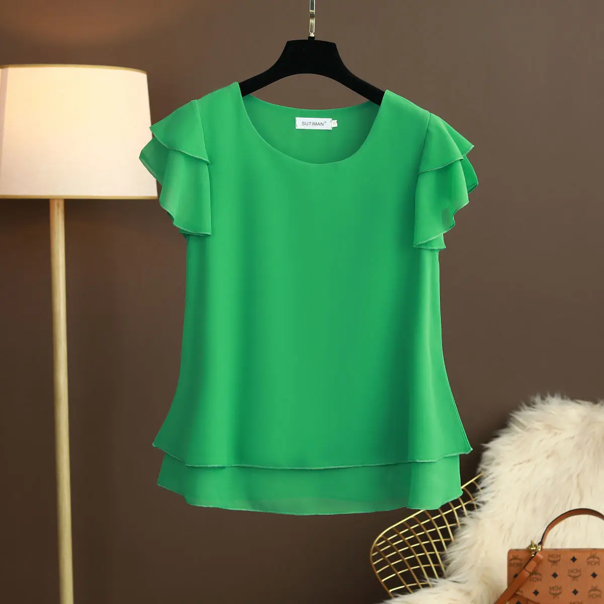 large size Blouse Shirt Women 2020 Female Solid Double layer Chiffon Shirts Casual Short sleeve Loose Top Plus Size Clothing | Женская