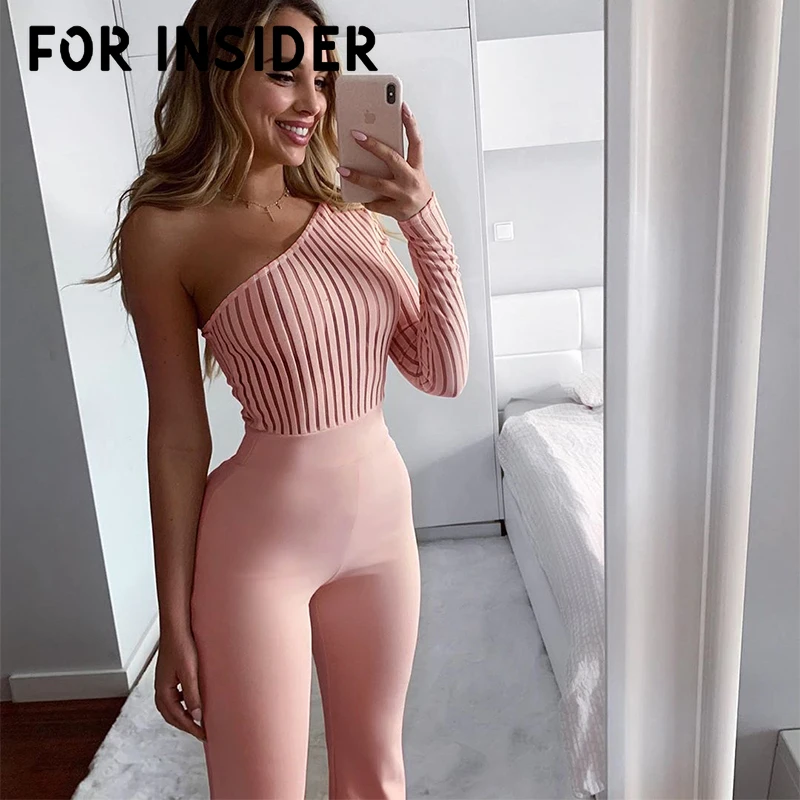 

For Insider One shoulder bodycon rompers women jumpsuit Skinny autumn winter black jumpsuit Cotton knitted sexy playsuit overall