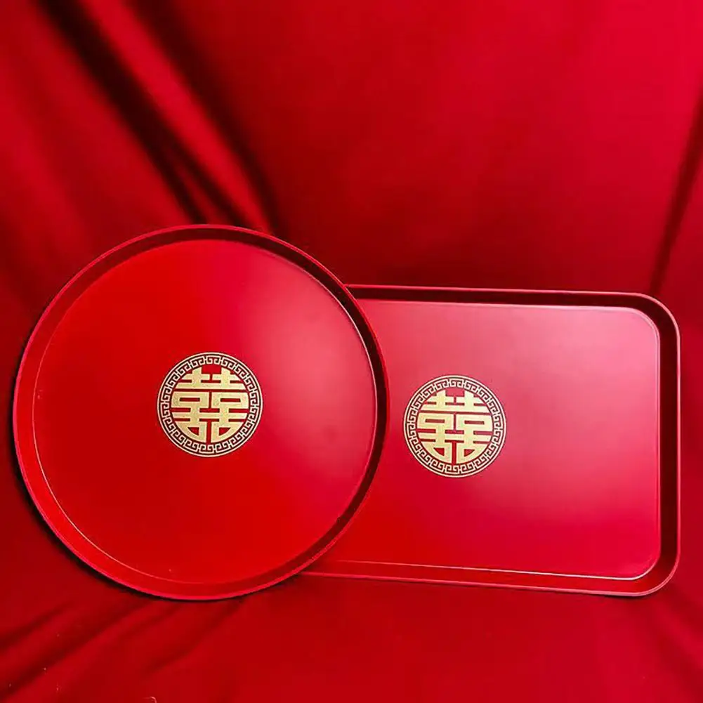 Hot Chinese Red Wooden Tray Oblong Round Toast Xi Tray Hotel Wedding Wedding Tea Festive Display Ceremony