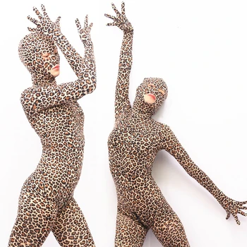 

Leopard Print Lycra Full Coat Stage Clothing Cosplay One Piece Tights Zentai Costume Zipper Open Crotch Bodysuit Body Sculpting