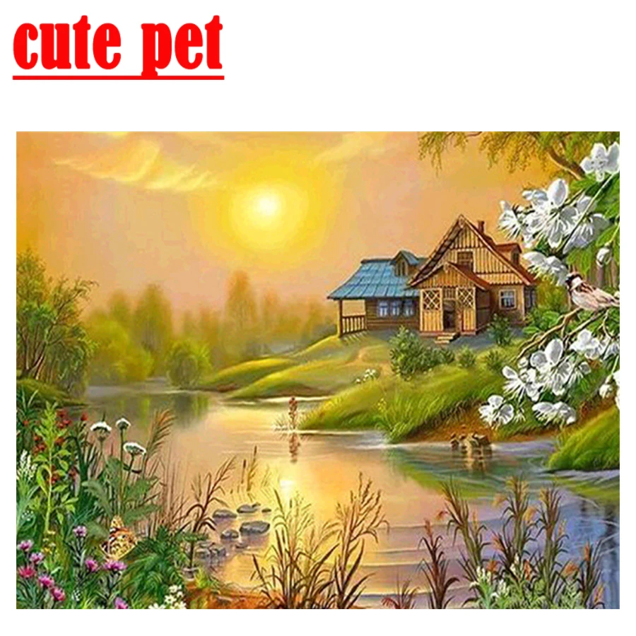 DIY new sunset cabin landscape diamond painting 5d full hit painter living hot style cross stitch | Дом и сад
